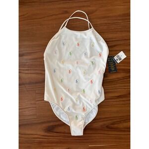 Polo Ralph Lauren Girls White Colorful All Over Pony OnePiece Swimsuit Sz 16 NWT